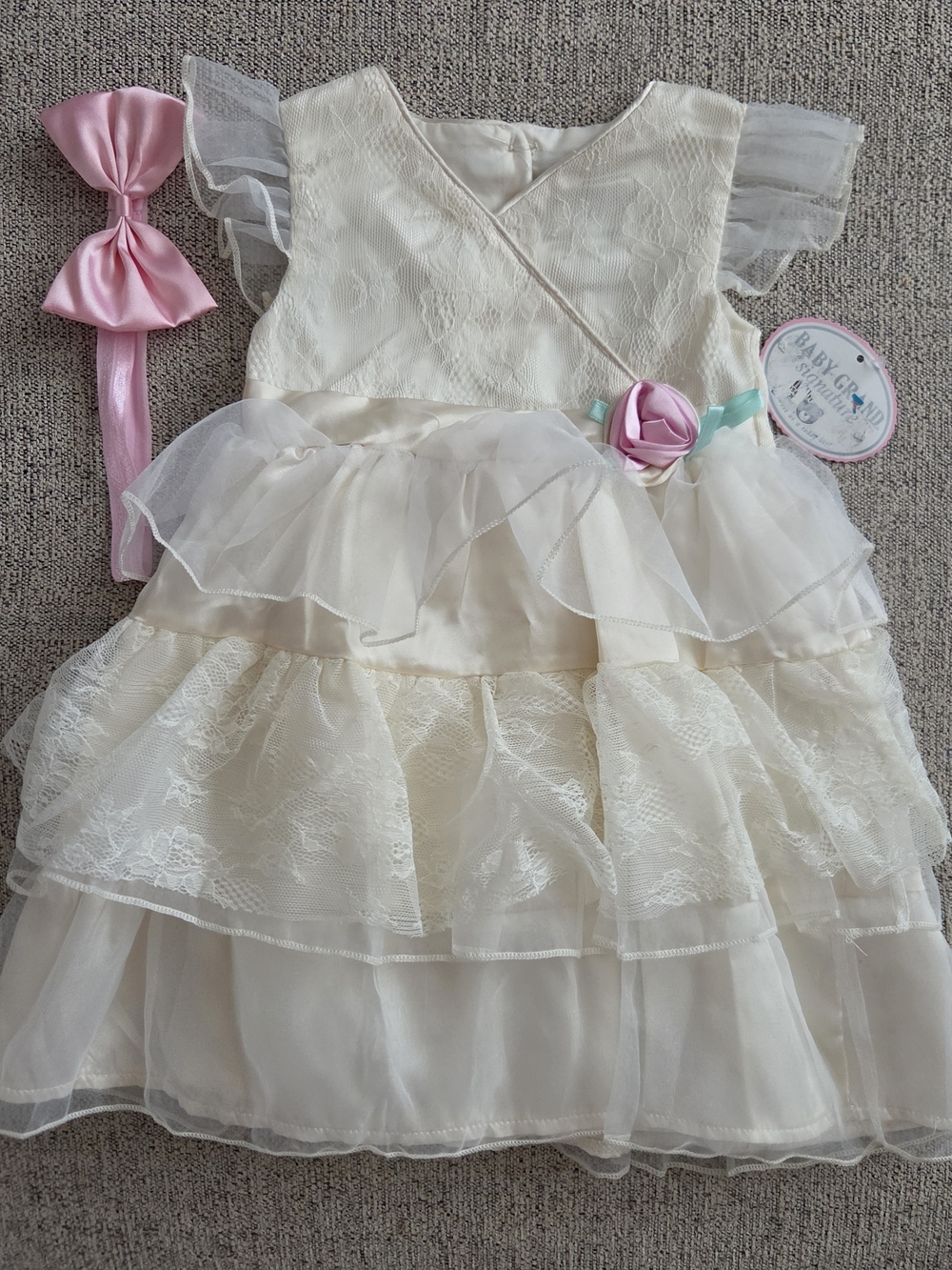 Baby Grand Signature Ivory Flower Tulle Dress with Pink Bow & Headband 2T